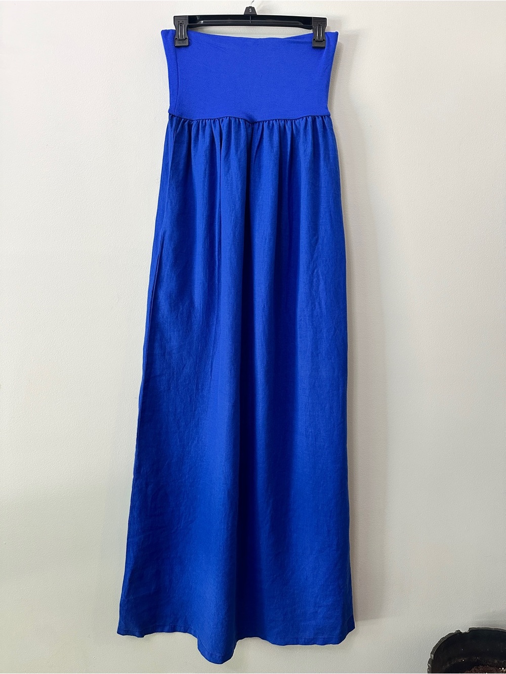 JOLIE Blue 100% Linen Maxi Skirt Dress Strapless Pockets L Made in USA